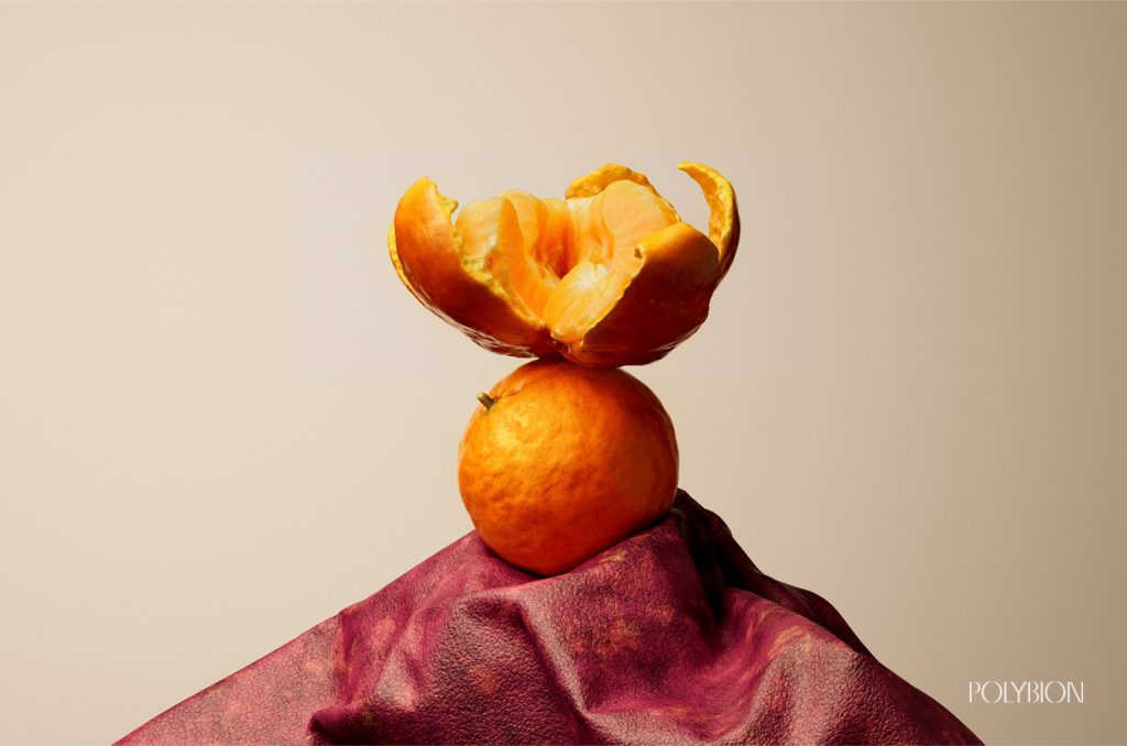 orange-peeled-still-life-photo-contrasting-bright-colours-burgundy-leather-textured