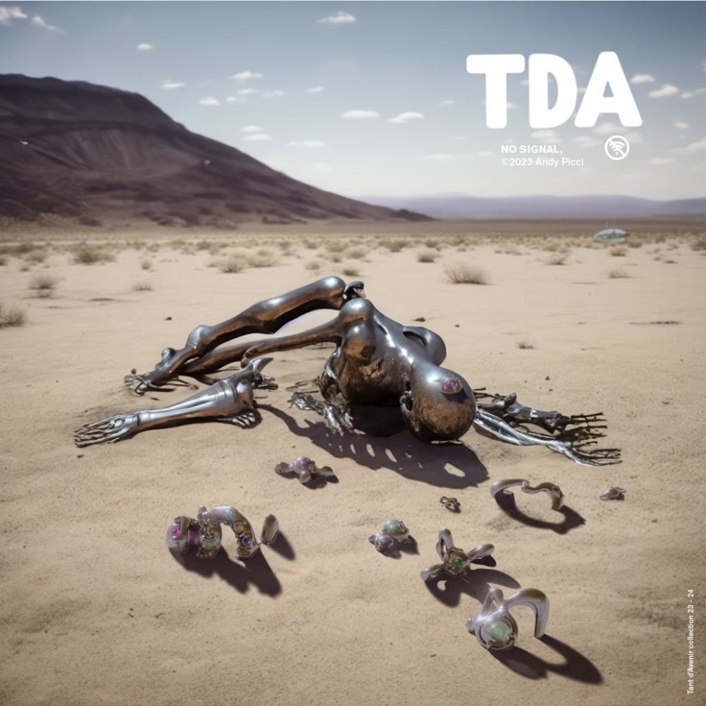 TANT-D'AVENIR-TDA-advertisement-silver-robot-desert-heat-sand-machine-details-jewelery