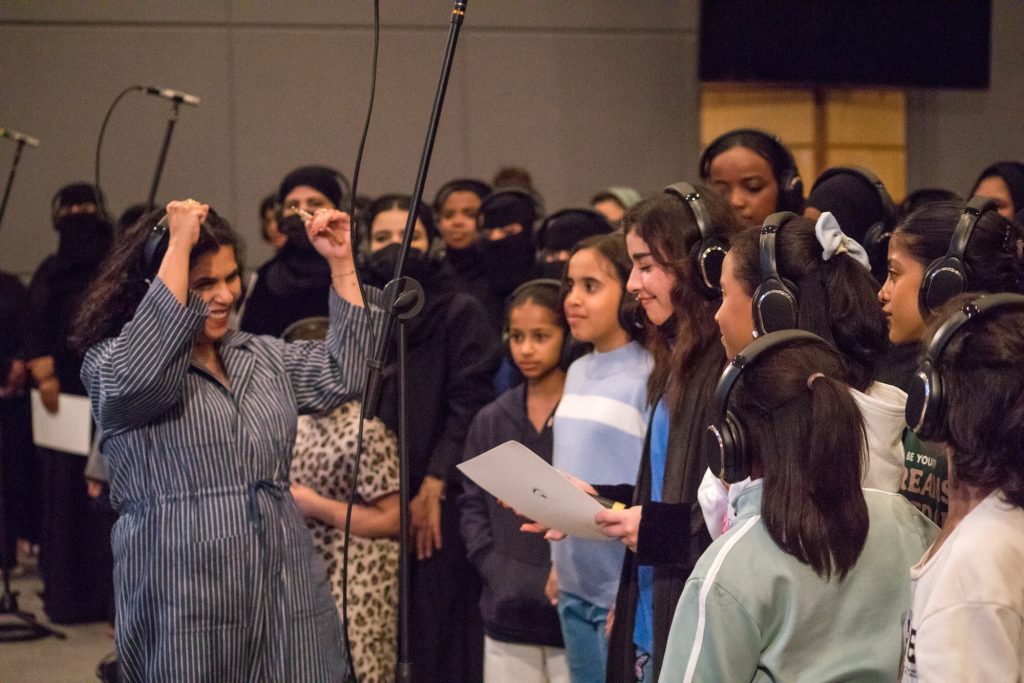 Participatory workshops for Shifting Sands: A Battle Song (2024), by Manal AlDowayan. Photos by Iman Aldabbagh. Courtesy of the Visual Arts Commission, the Commissioner for the National Pavilion of Saudi Arabia.