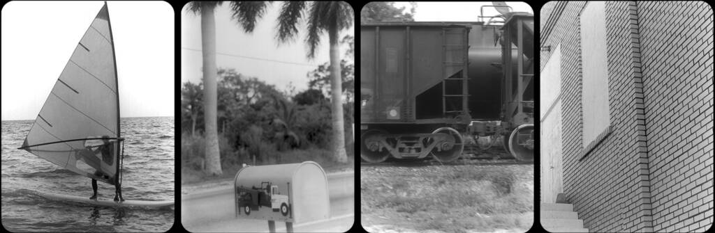 Four black and white photographs vertically oriented. From left to right: a kite surfer on the sea, a mailbox painted with a truck (in the background are palm trees and a road), a freight train passing horizontally, a brick wall and a partially visible staircase and a boarded up door and window